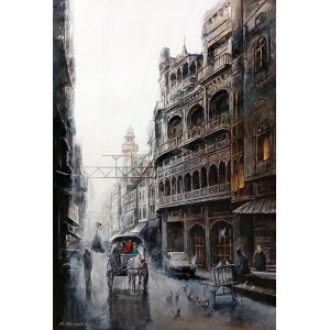 K Mehmood, 24 x 36 Inch, Acrylic and Charcoal on Canvas, Cityscape Painting, AC-KHM-003